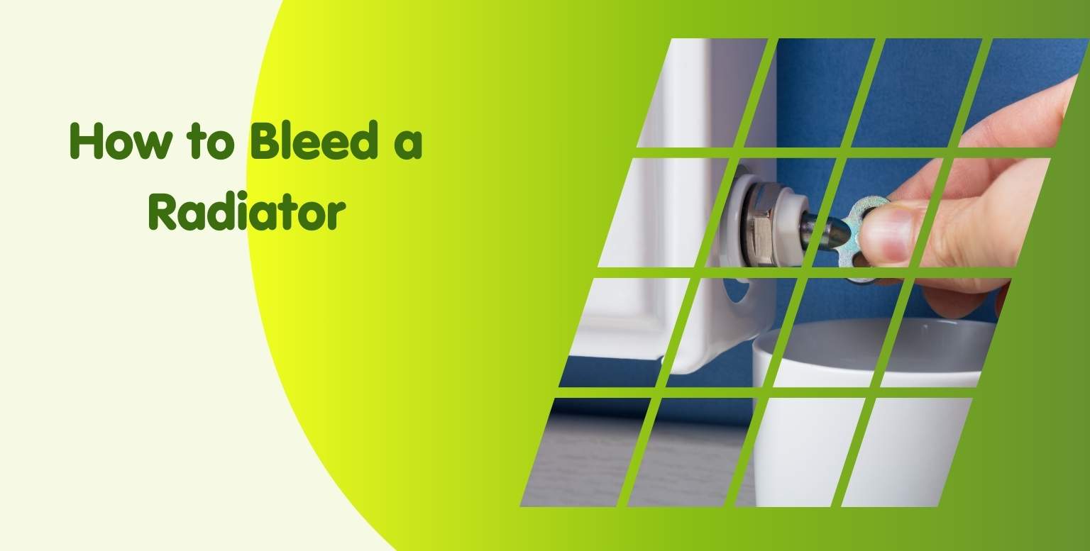 A hand using a key to bleed a radiator with an overlay grid design and text on the left stating, "How to Bleed a Radiator." The background features a gradient from light yellow to green. Ensure your system boiler price stays low by keeping your radiators in optimal condition.