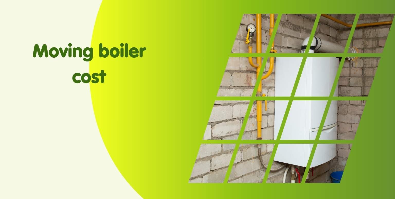A modern white boiler with pipes is mounted on a brick wall, showcasing an elegant design. Diagonal sections divide the image, set against a green and yellow gradient. The text on the left reads "Moving boiler cost," highlighting concerns about system boiler price adjustments.
