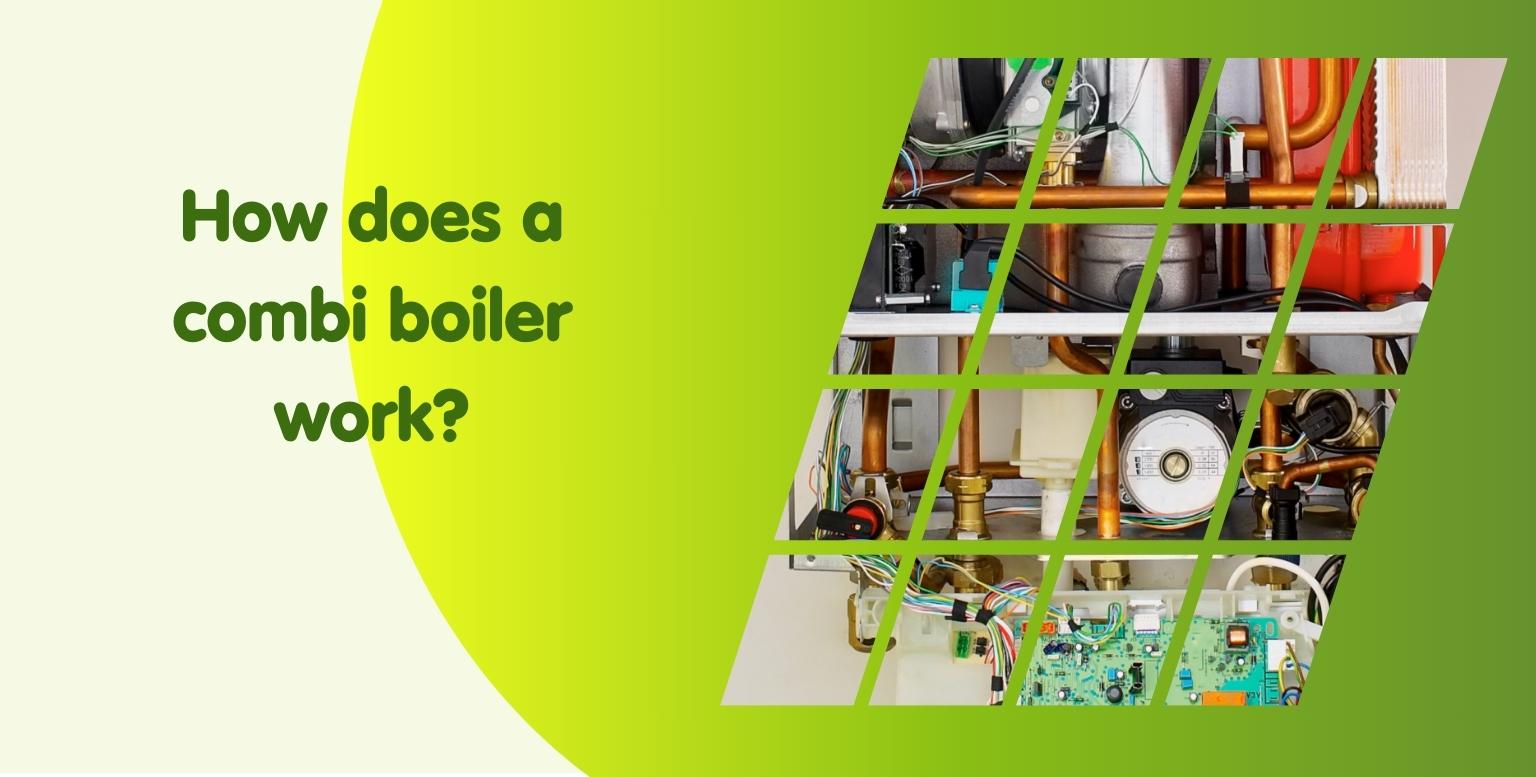 A graphic with text "How does a combi boiler work?" on a light green background on the left. On the right, an overlapping, segmented image of the internal components of a combi boiler, including pipes, wiring, and electronic parts, showcasing a magnetic cleaner for boiler servicing.