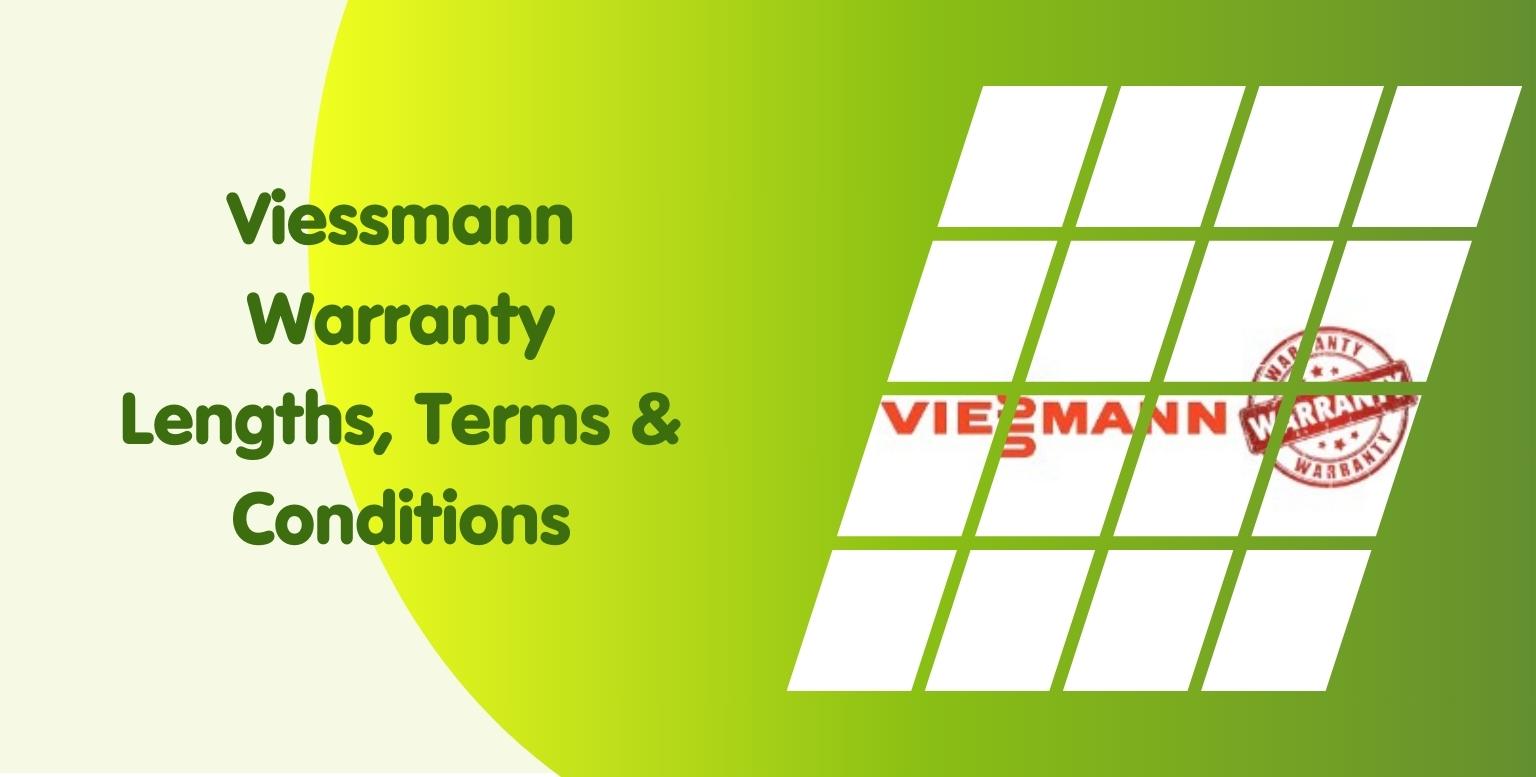 A graphic with a green gradient background featuring the text "Viessmann Warranty Lengths, Terms & Conditions" on the left. On the right, a white tilted grid with a red "VIESSMANN WARRANTY" stamp across the center, reminiscent of competitive vokera boiler prices.