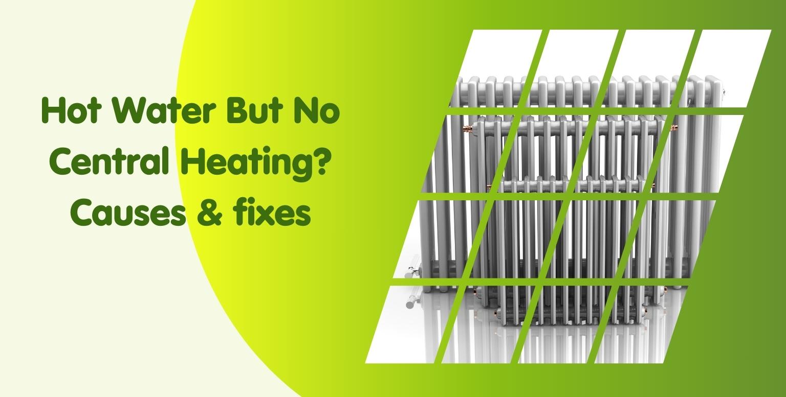 A green-gradient background features the text "Hot Water But No Central Heating? Causes & fixes" on the left. On the right, there's an image of a radiator segmented into various rectangles, emphasizing the role of a magnetic cleaner for boiler servicing in maintaining efficient heating.