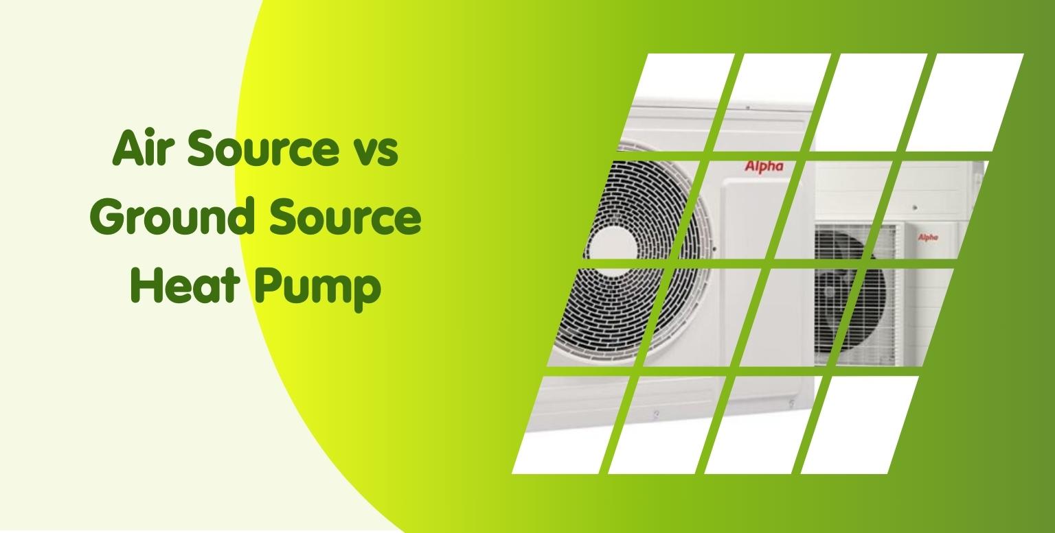 Image featuring the text "Air Source vs Ground Source Heat Pump" in green font on the left side. The background is a gradient of yellow and green. On the right, a partially visible HVAC system with a large fan, depicted through a grid of green lines, symbolizing efficiency akin to a magnetic cleaner for boiler servicing.