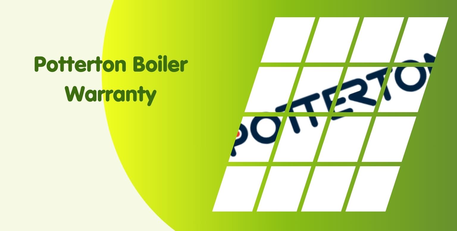 A green and yellow gradient background with "Potterton Boiler Warranty" text on the left. On the right, a grid overlays a partially visible "Potterton" logo, emphasizing the importance of a magnetic cleaner for boiler servicing.