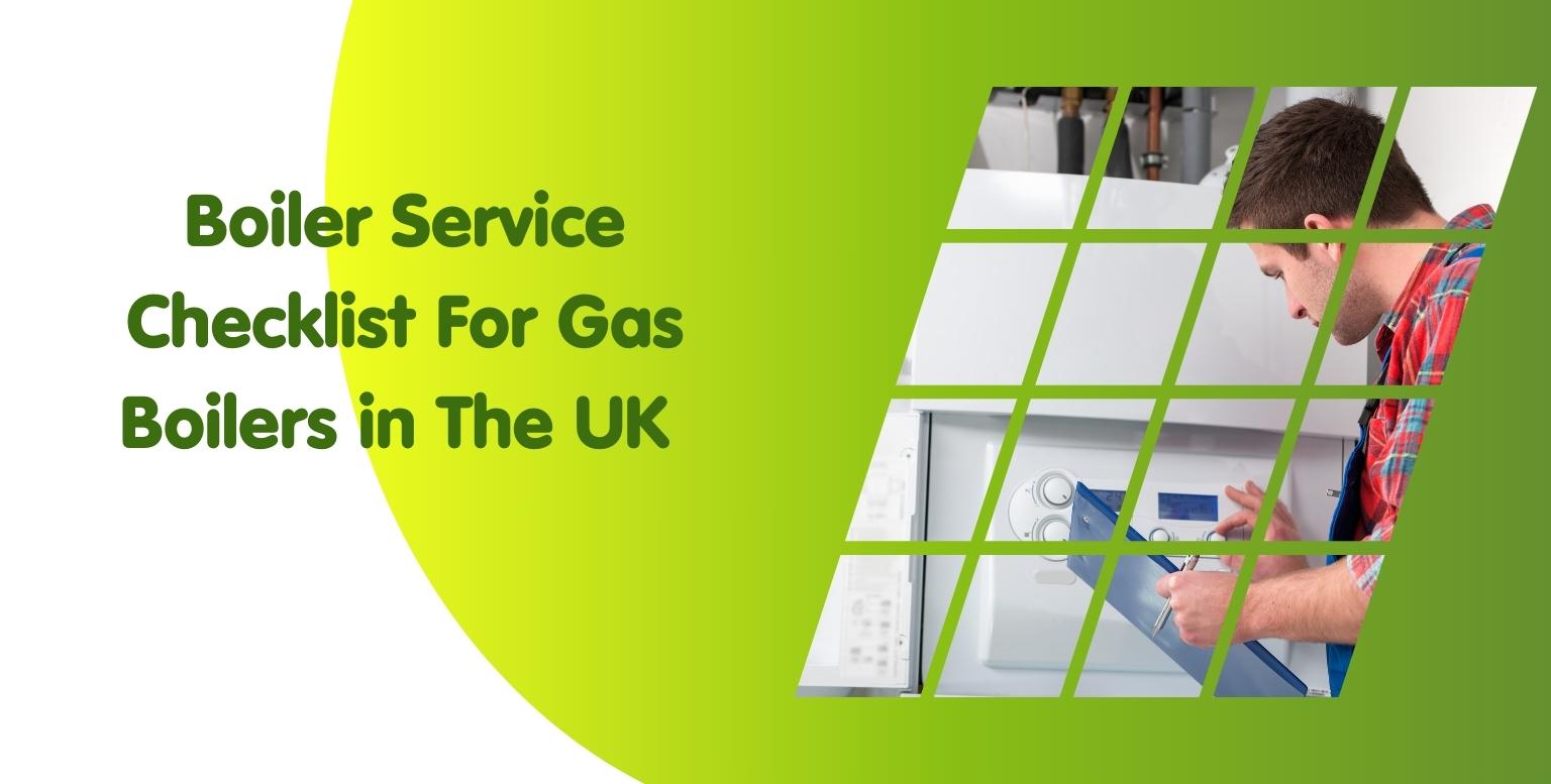 Image of a split screen with a green gradient background on the left featuring the text "Boiler Service Checklist For Gas Boilers in The UK". The right side has a grid overlay on a photo of a technician inspecting a gas boiler, providing insights into Vokera boiler prices.