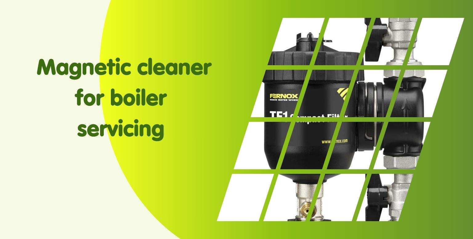 A promotional image for a magnetic cleaner used in boiler servicing. The image showcases the product's main unit and connecting parts, overlaid with green gradients and grid lines. Text on the left reads, "Magnetic cleaner for boiler maintenance".