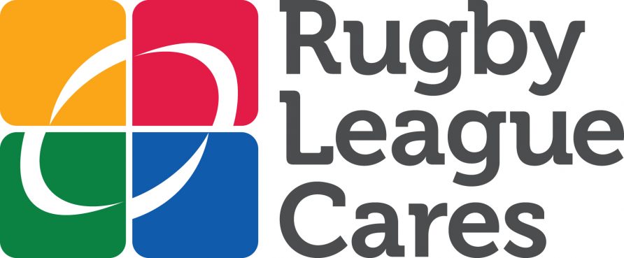 Logo for "Rugby League Cares" featuring four interlocking oval shapes in red, green, blue, and yellow, symbolizing the Charity Challenge. It includes the text "Rugby League Cares" in gray lettering.