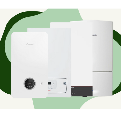 Three modern white boilers with digital displays are positioned in front of a green abstract background.