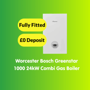 White Worcester Bosch Greenstar boiler on a yellow-green gradient background with text: "Fully Fitted, £0 Deposit" and "Worcester Bosch Greenstar 1000 24kW Combi Gas Boiler".