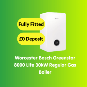A white Worcester Bosch Greenstar 8000 Life 30kW gas boiler on a green gradient background with text: "Fully Fitted," "£0 Deposit," and "Worcester Bosch Greenstar 8000 Life 30kW Regular Gas Boiler.