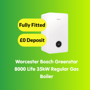 A white Worcester Bosch Greenstar 8000 Life 35kW regular gas boiler is shown with text stating "Fully Fitted," "£0 Deposit," and the product name on a green-yellow gradient background.