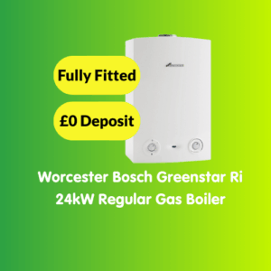 A white Worcester Bosch Greenstar Ri 24kW regular gas boiler on a green gradient background with text: "Fully Fitted", "£0 Deposit", and "Worcester Bosch Greenstar Ri 24kW Regular Gas Boiler".