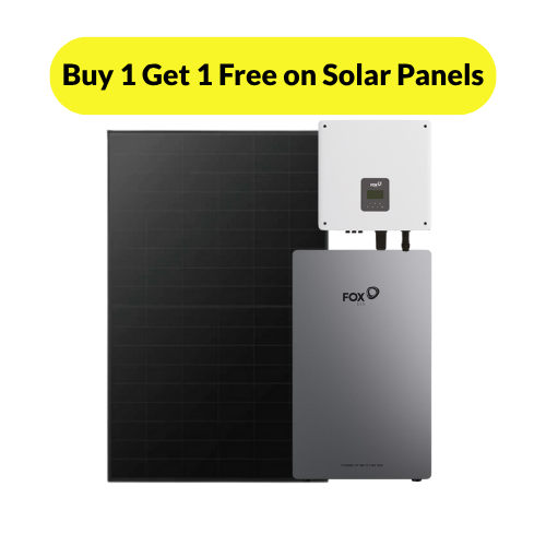 A solar panel, inverter, and battery are displayed with a yellow banner above them that reads, “Buy 1 Get 1 Free on Solar Panels.”.
