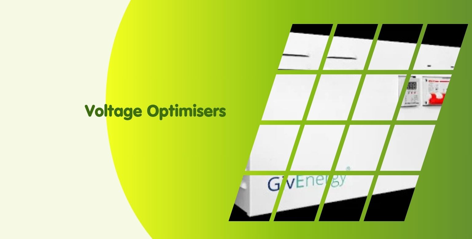 A white electrical device labeled "GV Energy" is partially visible behind a grid pattern on a green and yellow gradient background. The words "Voltage Optimisers" appear on the left, hinting at smart solutions for heat pumps and energy efficiency.