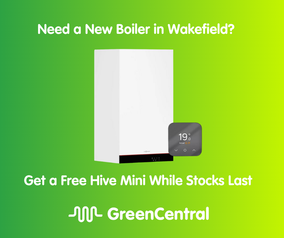 A white boiler and a digital thermostat are shown on a green gradient background with text: "Need a New Boiler in Wakefield? Boilers on Finance Available—Get a Free Hive Mini While Stocks Last. GreenCentral.