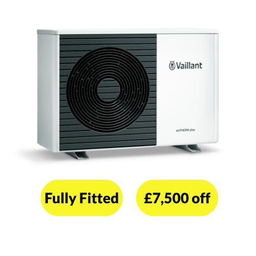A Vaillant air source heat pump with circular vent is shown on a white background. Yellow labels below read "Fully Fitted" and "£7,500 off." Get Heat Pump Quotes today for this efficient heating solution.