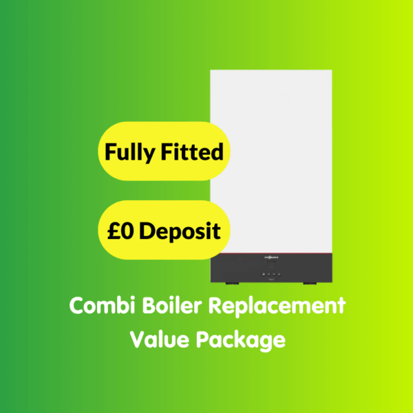 A white combi boiler on a green gradient background with text: "Fully Fitted," "£0 Deposit," and "Combi Boiler Replacement Value Package." Perfect for those seeking an affordable Combi Boiler Replacement and unbeatable Value Package deals.
