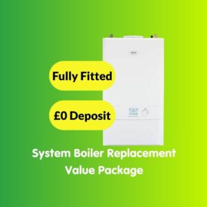 A white boiler is centered on a green gradient background. Yellow text bubbles read "Fully Fitted" and "£0 Deposit." White text below says "System Boiler Replacement Value Package" for the best value package deal.