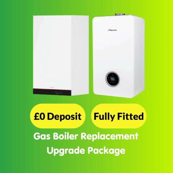 Two white gas boilers on a green gradient background with text: “£0 Deposit,” “Fully Fitted,” and “Gas Boiler Replacement Upgrade Package” – the perfect Boiler Upgrade for your home.